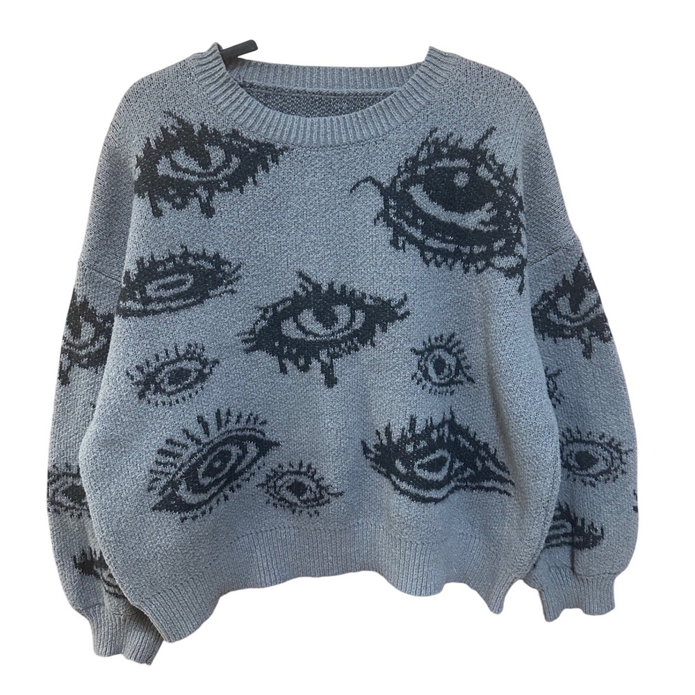 Romwe Grey Eye Graphic Print Oversized Knit Sweater XL Mens Womens Grunge Goth